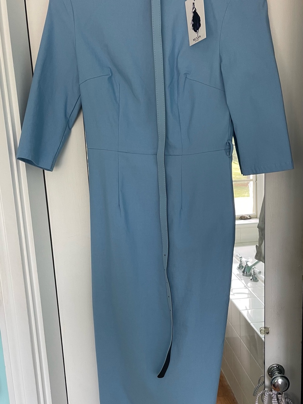 Tailored Light Blue Midi Sheath Dress with Belt